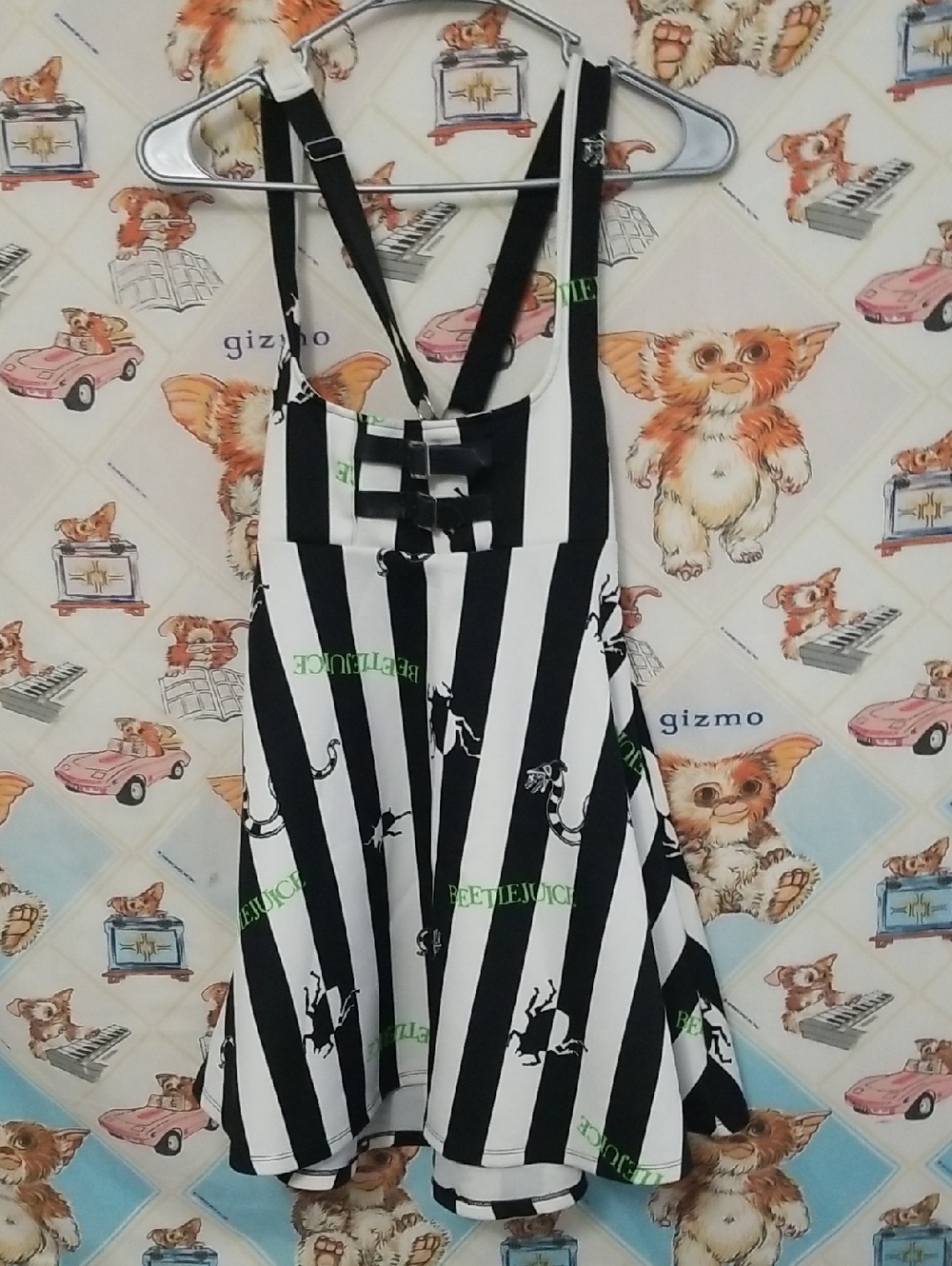 Beetlejuice Black & White Stripe Skater Suspender Dress Skirt Size Small